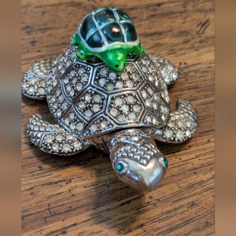 Metal Turtle Trinket Box Decorated With Crystals.
